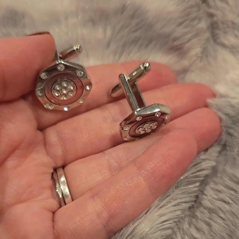 Stainless Steel Silver and Pink Cuff Links with Cubic Zirconia Brand New In Box
